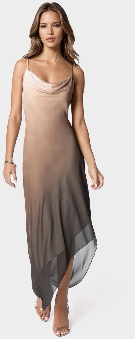 Bebe ombre Gold Boho Midi Sleeveless wedding guest Flowy Resort Dress small NWT